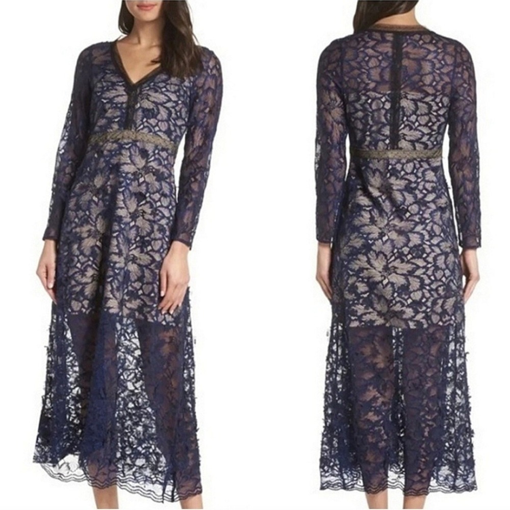 Foxiedox Womens S Elisabet Long‎ Sleeve Lace Navy Midi Dress Formal Cocktail